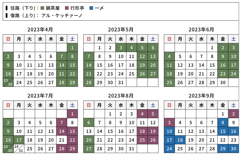 「海里」旅行商品 設定日カレンダー（2023年4月～9月）