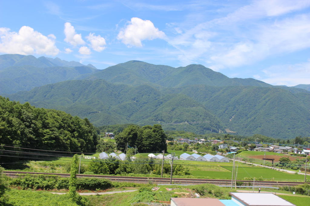 南アルプスの山並みと中央線の線路