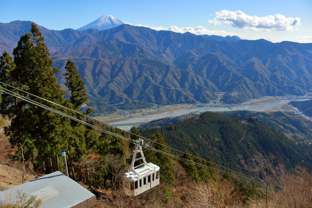 身延山山頂から富士山と富士川、ロープウェイを眺める