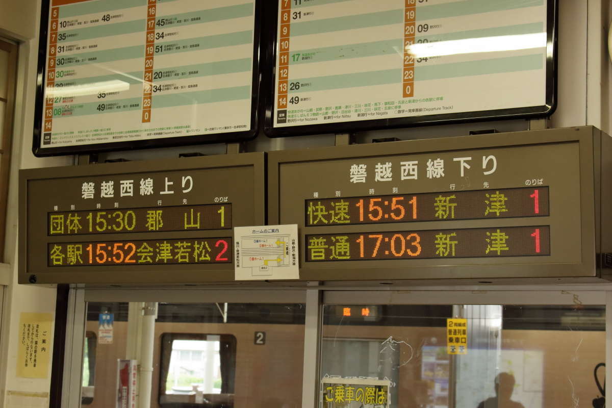 喜多方駅の表示板　フルーティアふくしまは「団体」の表示