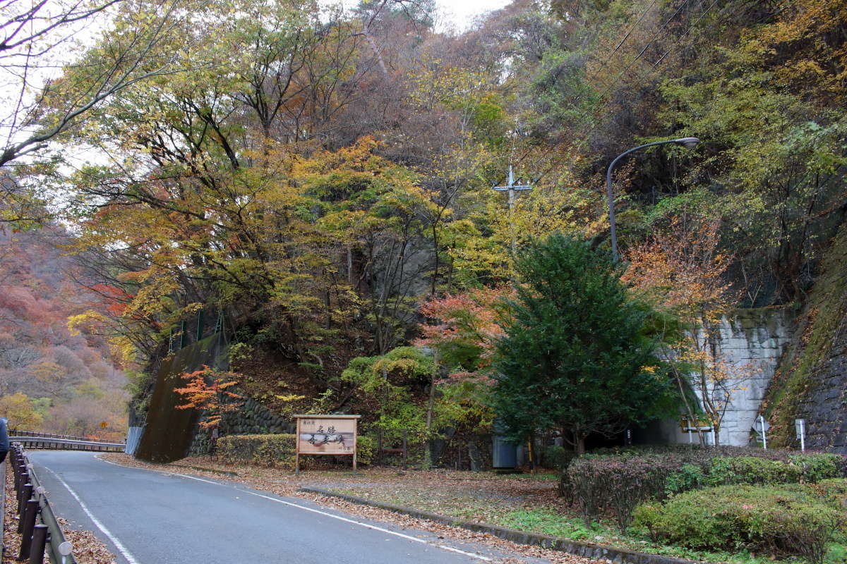 「名勝 吾妻峡」の看板のところで道路が分岐、歩道がある左側を行きます
