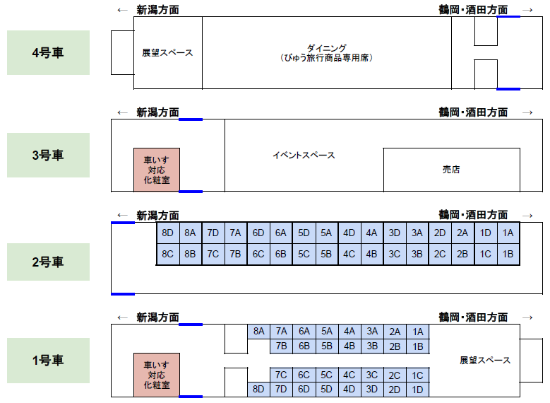 「海里」の座席表（座席番号は１号車、２号車のみ記載）