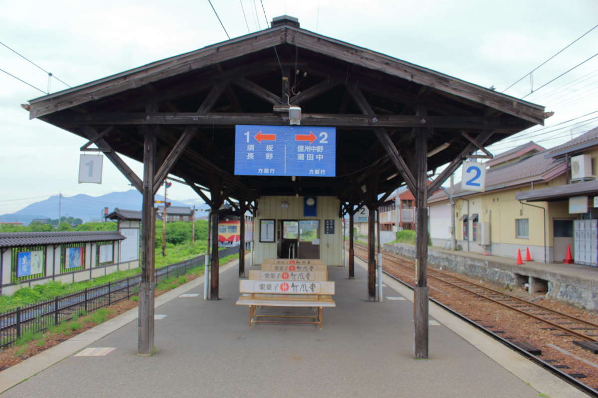 小布施駅ホームの屋根は時代を感じさせる木造