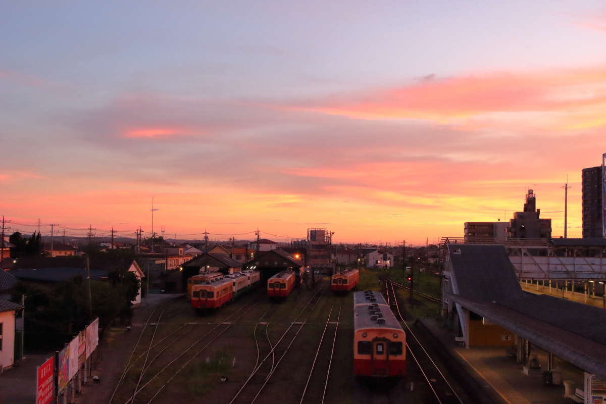 跨線橋から五井機関区を一望、夕焼けがきれいでした