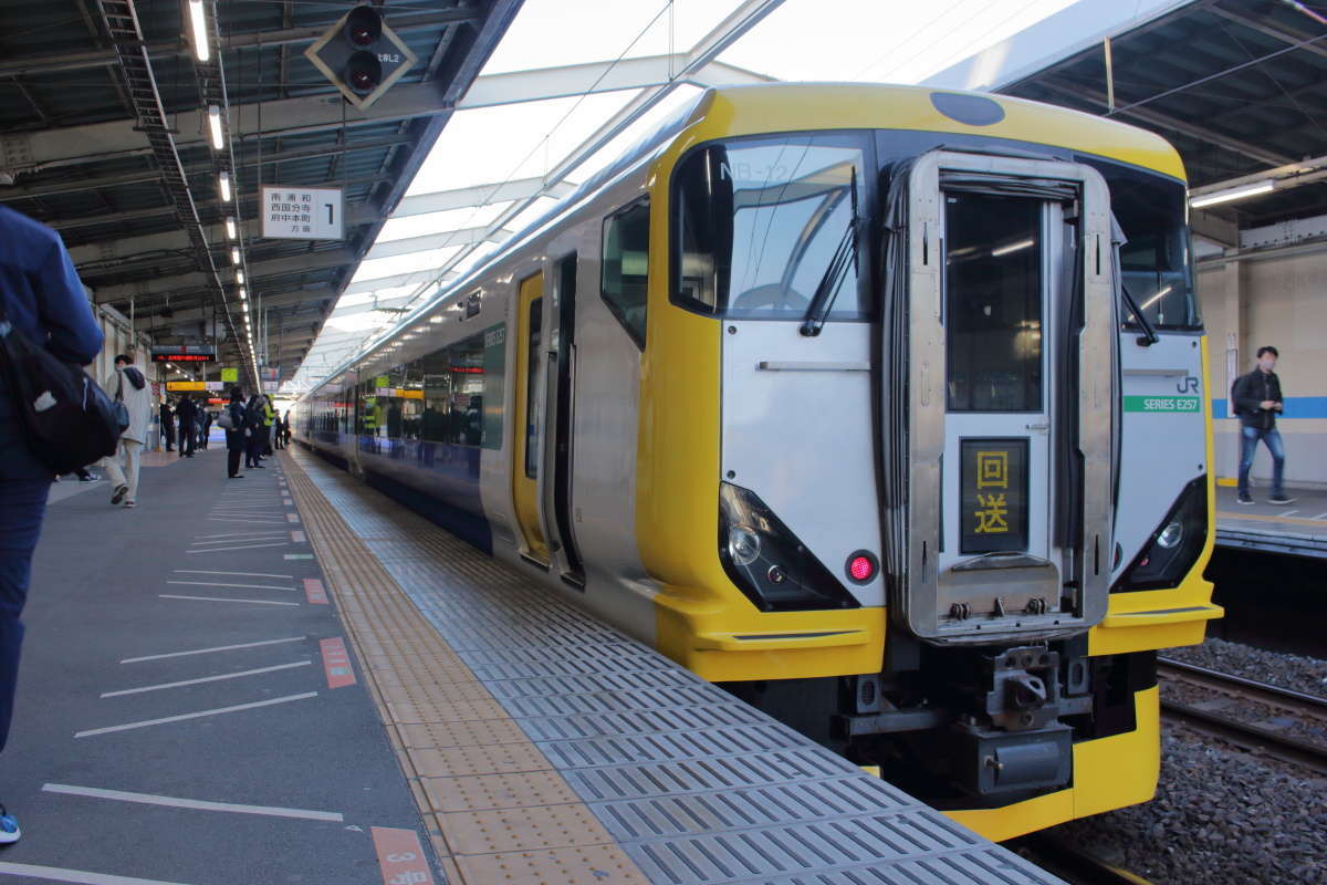 8時5分ごろ、南越谷駅に入線してきた「ホリデー快速鎌倉号」