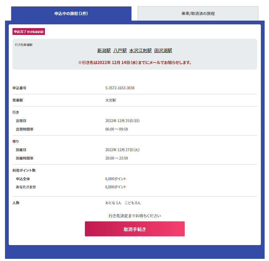 「どこかにビューーン!」の申し込み完了画面