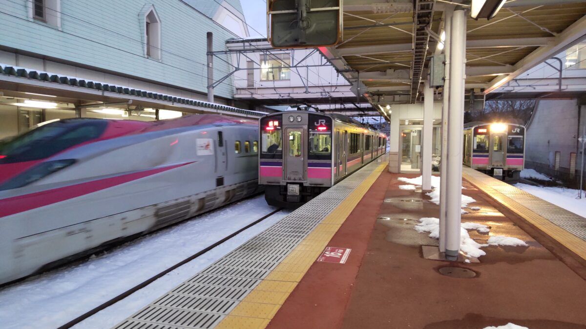 こまち34号、盛岡行き普通列車、田沢湖行き普通列車でホームが埋まる雫石駅
