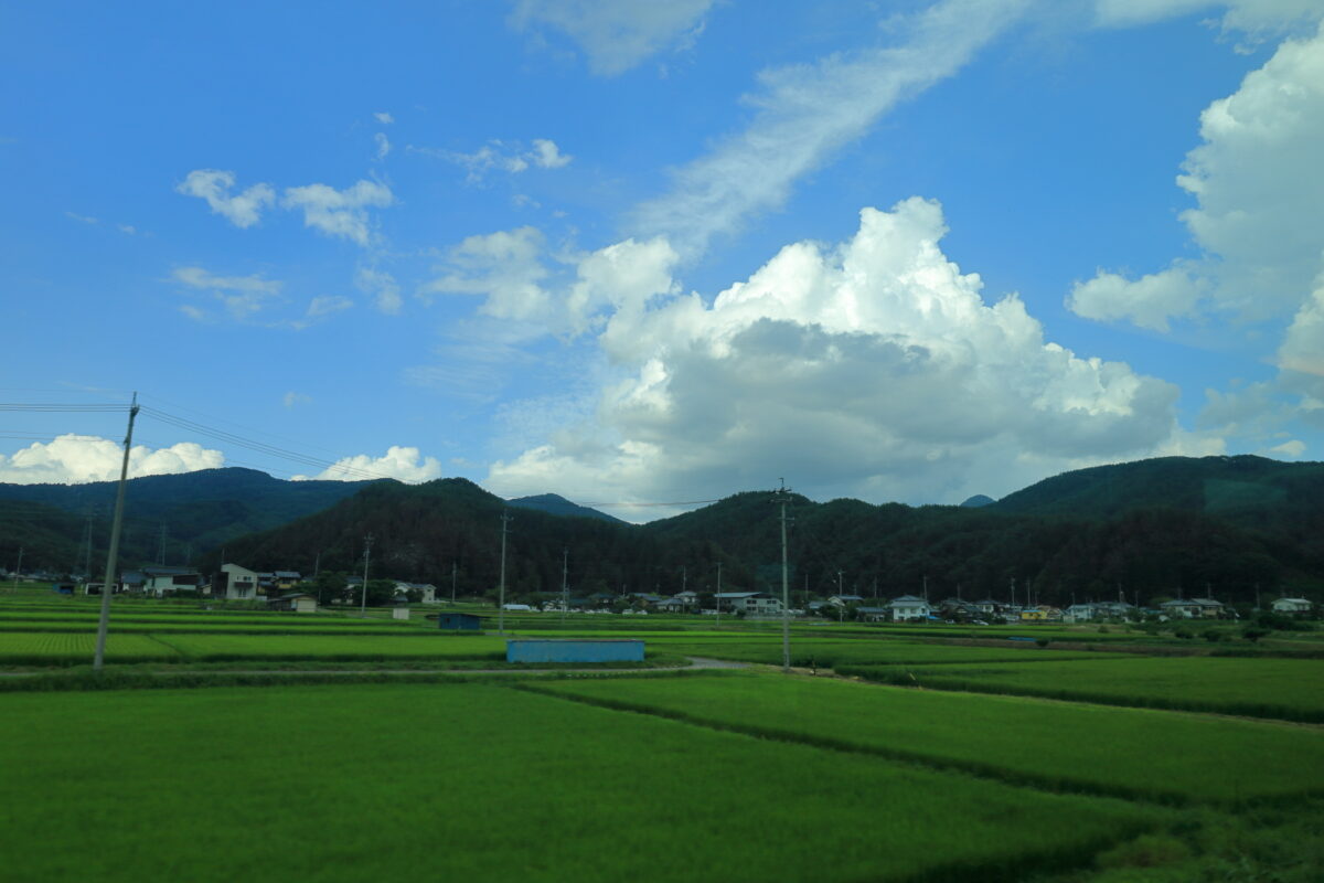 田園風景に夏雲が湧く「リゾートビュー諏訪湖」の夏らしい車窓