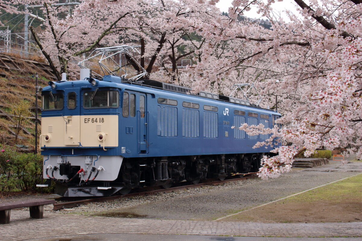 勝沼ぶどう郷駅前のサクラと保存されている電気機関車EF64