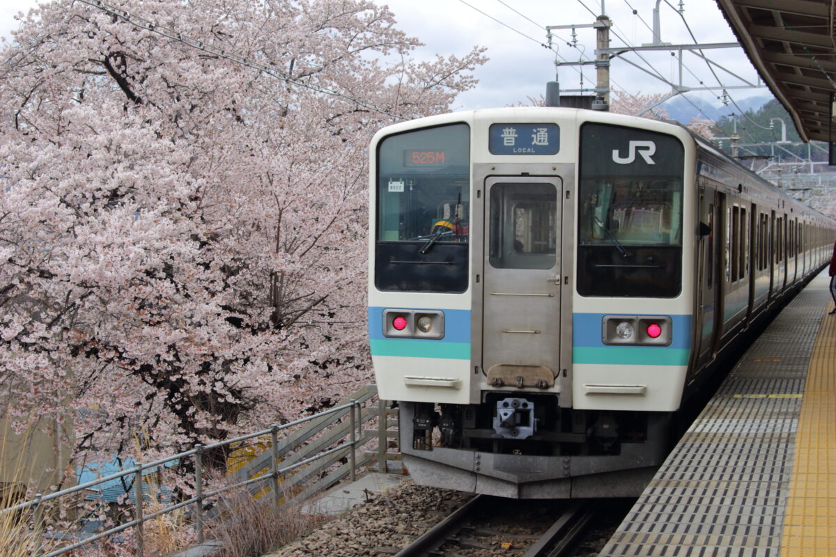 勝沼ぶどう郷駅の桜と中央本線の列車