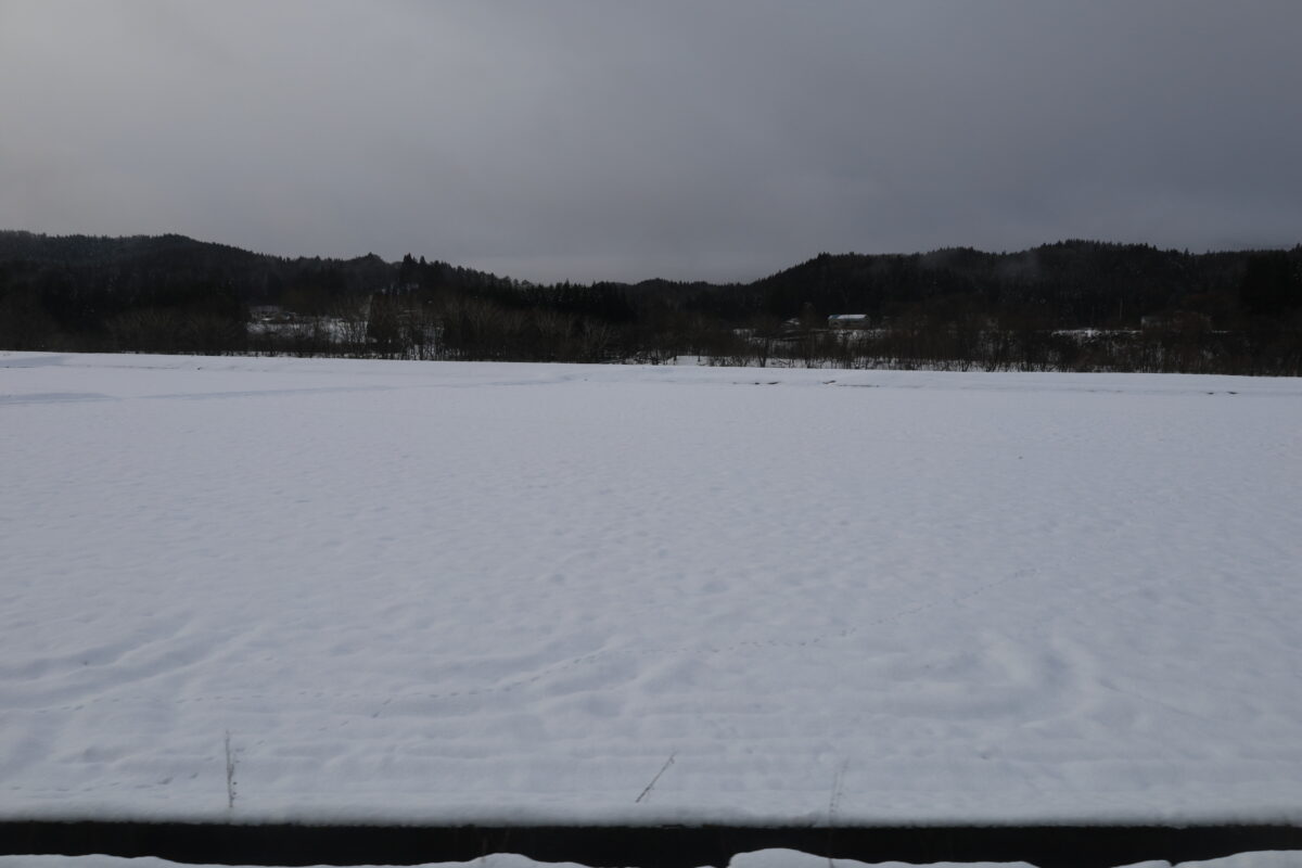 一面雪景色の田園風景の中を走る秋田内陸線の車窓