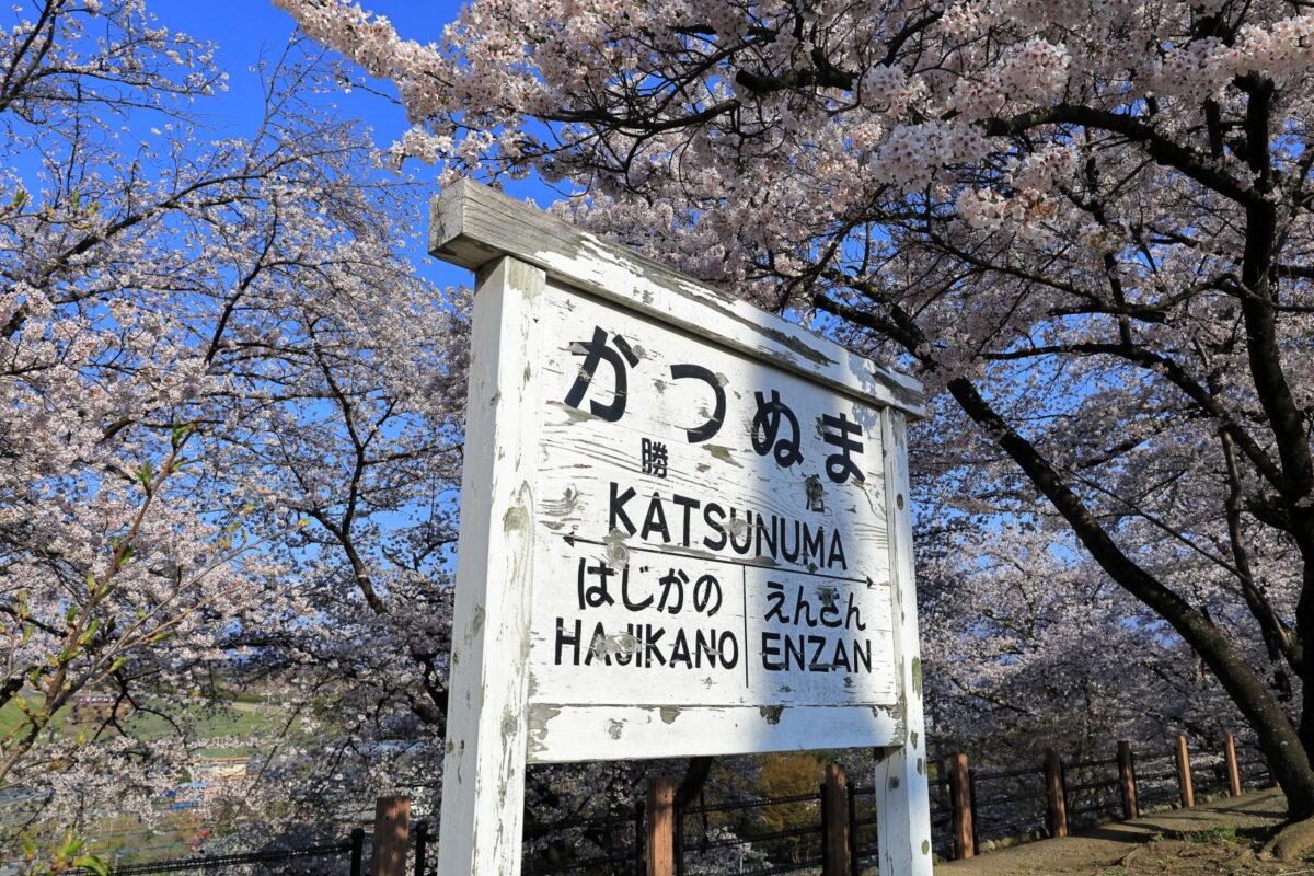 甚六桜公園の旧勝沼駅ホーム上にある駅名板